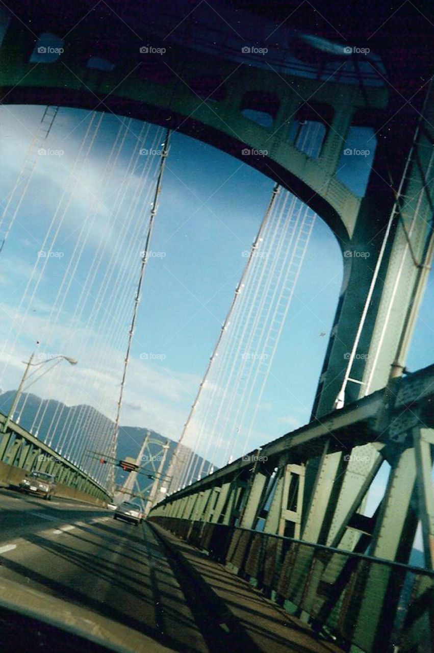 Bridge_Lions Gate Bridge_BC_001. Travelling along Lions Gate Bridge in Vancouver BC
