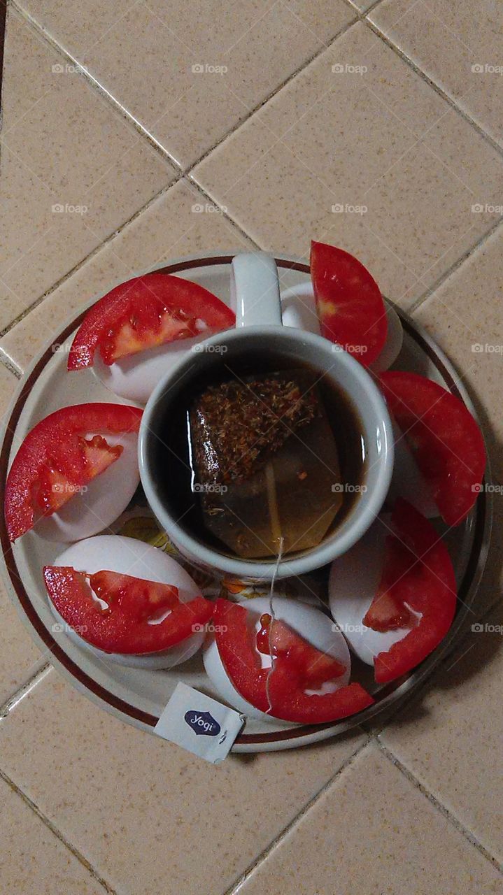 Tea & tomatoes eggs. A good way to start your day