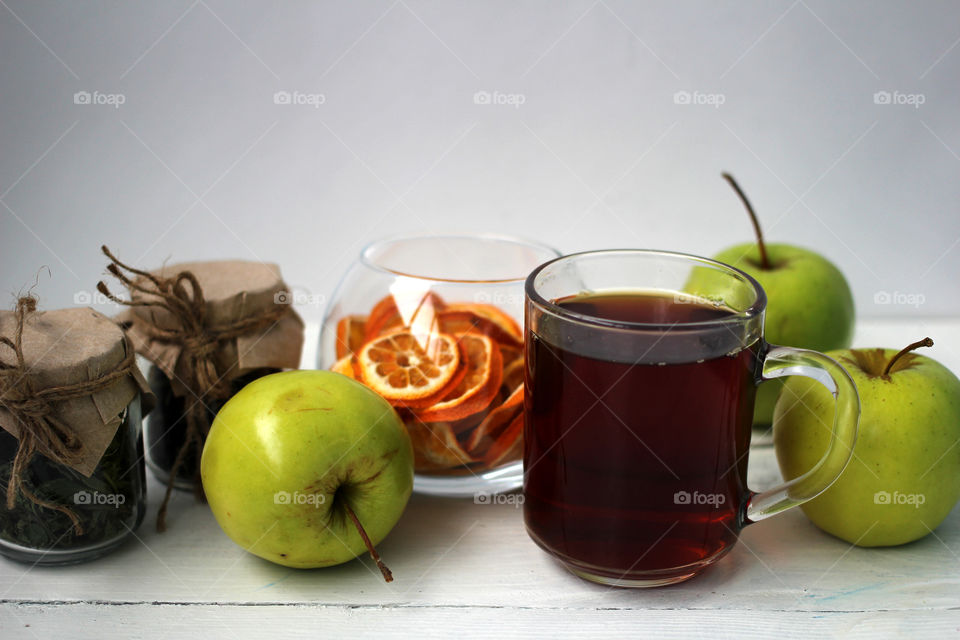 Fruits, apples, oranges, tea, relaxation, healthy eating, food, drinks