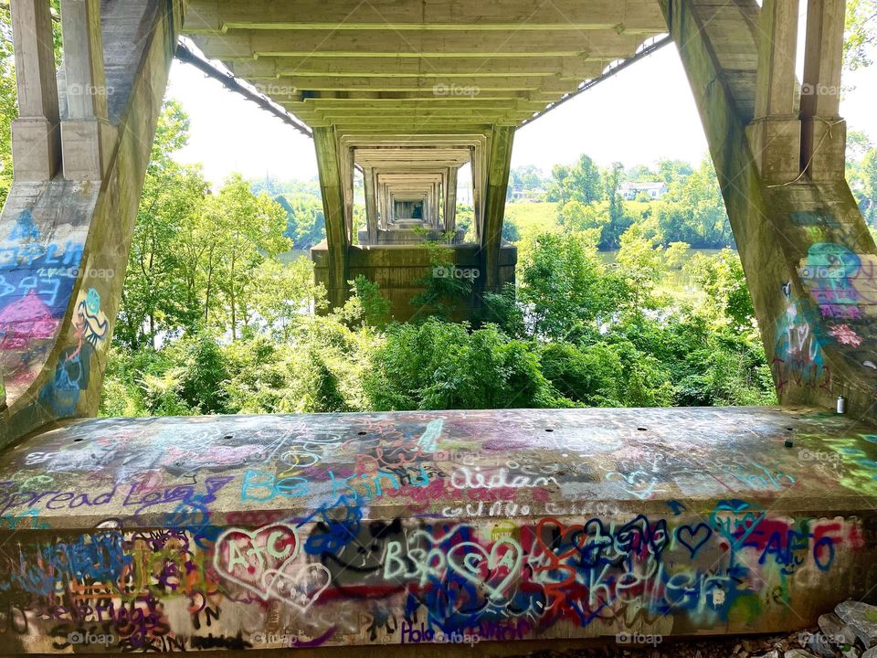 View from underneath a long bridge. It is covered in colorful graffiti and surrounded by water and trees.