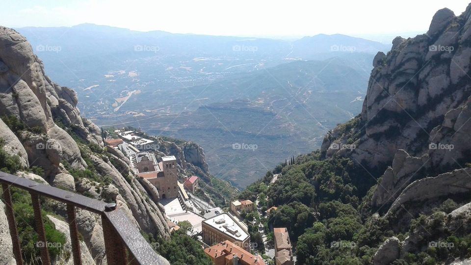 View from atop Monserrat Abbey, in Manresa. The surrounding landscape in full of valleys and steep slopes.