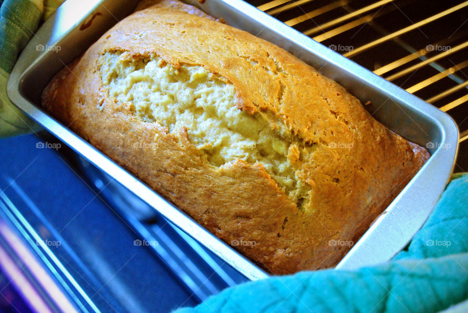 Cooking, baking, banana bread fresh out of the oven