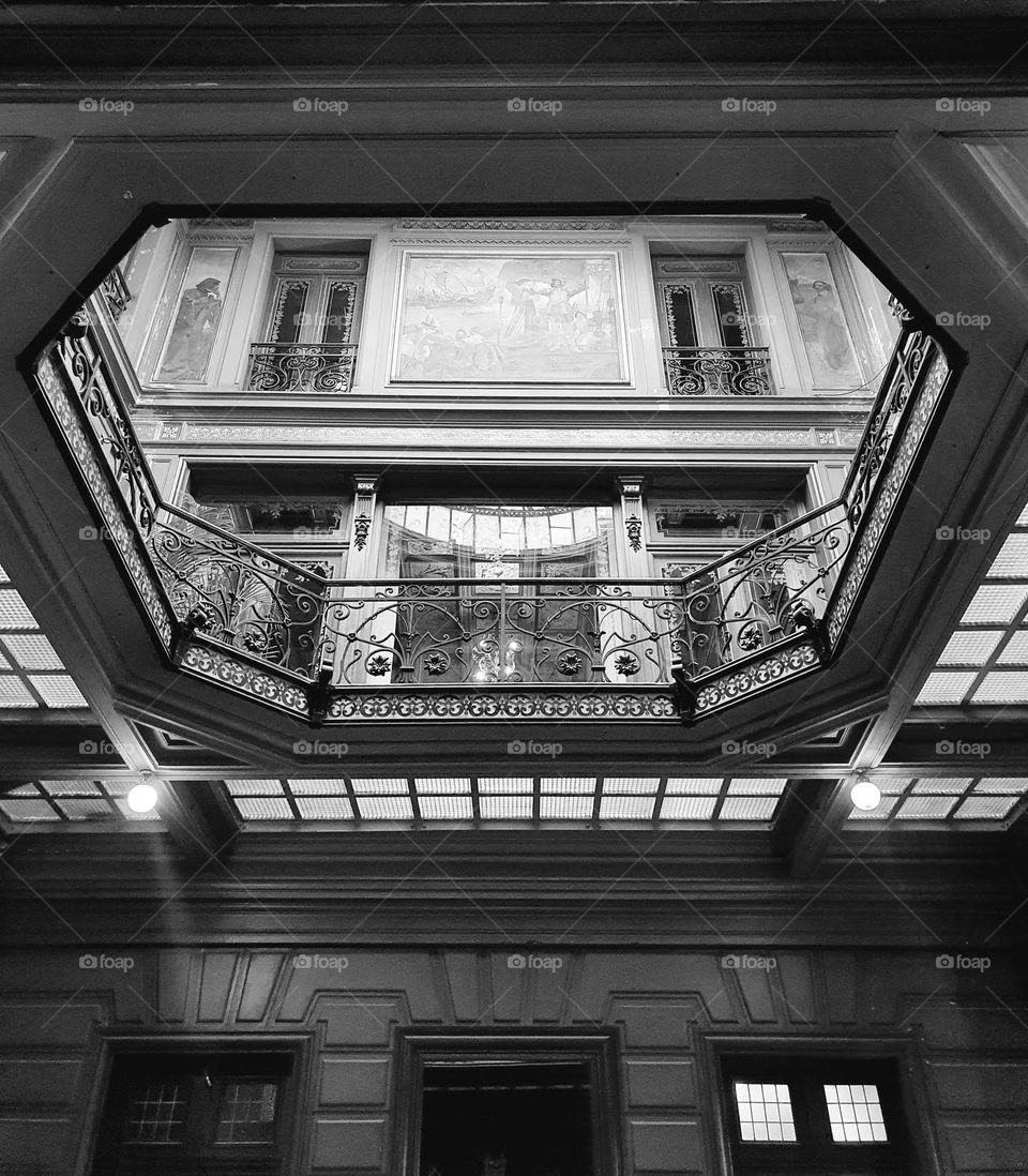 Black and white shot of the Art Nouveau first floor guardrail in Hotel Pams in Perpignan