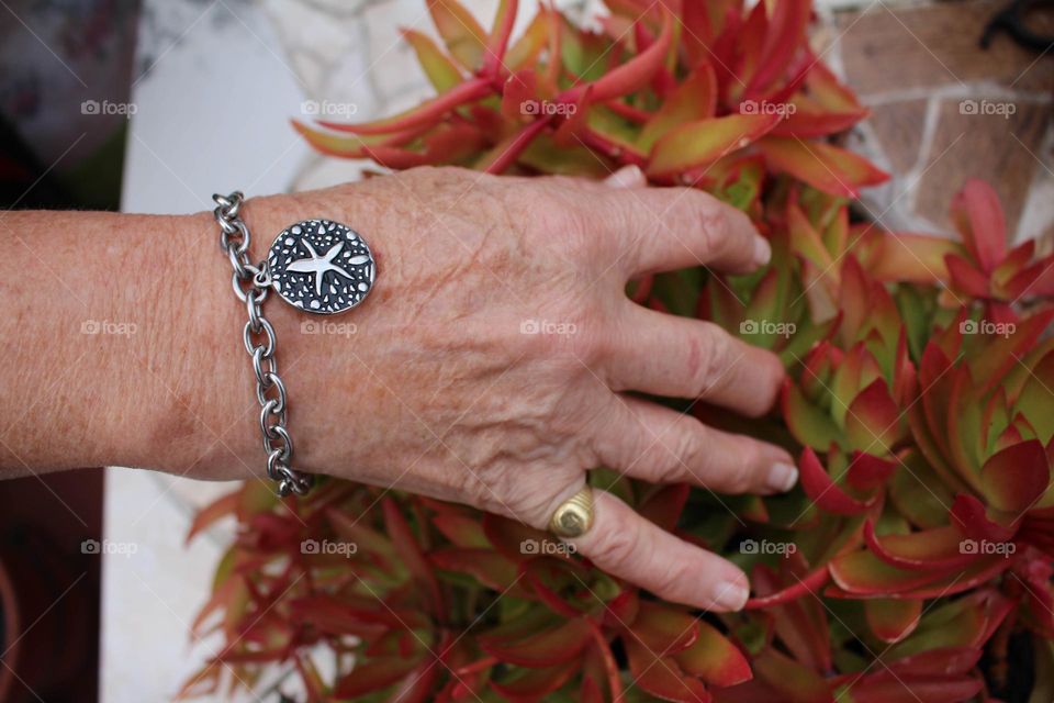 mano de mujer adulta con dije sobre un suculenta