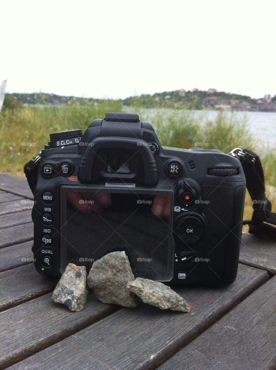 Photo-camera ready to shot front of a canal in Stockholm