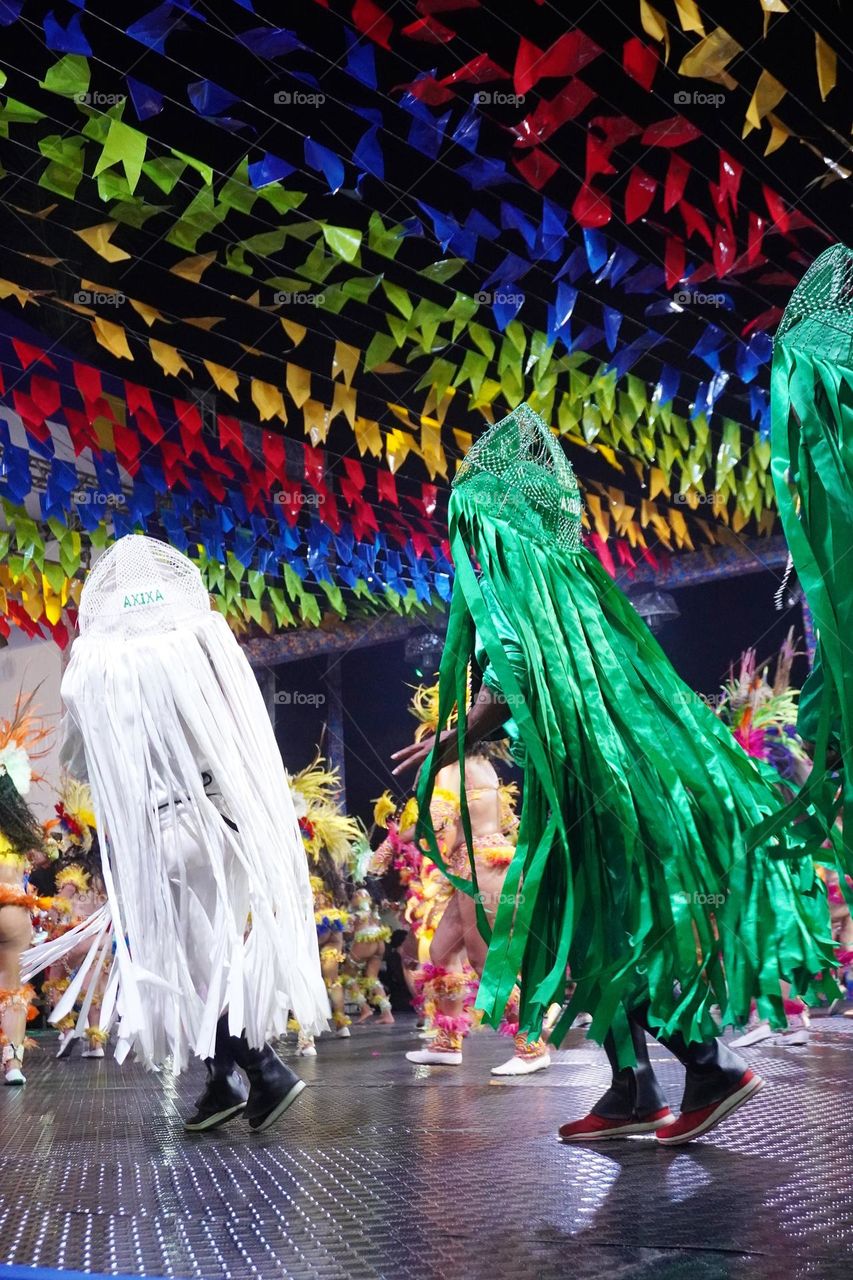 Bumba meu boi dancers. Bumba meu boi is a traditional folk dance from North-Eastern Brazil which brings together human, animal and mythological characters in a theatrical performance
