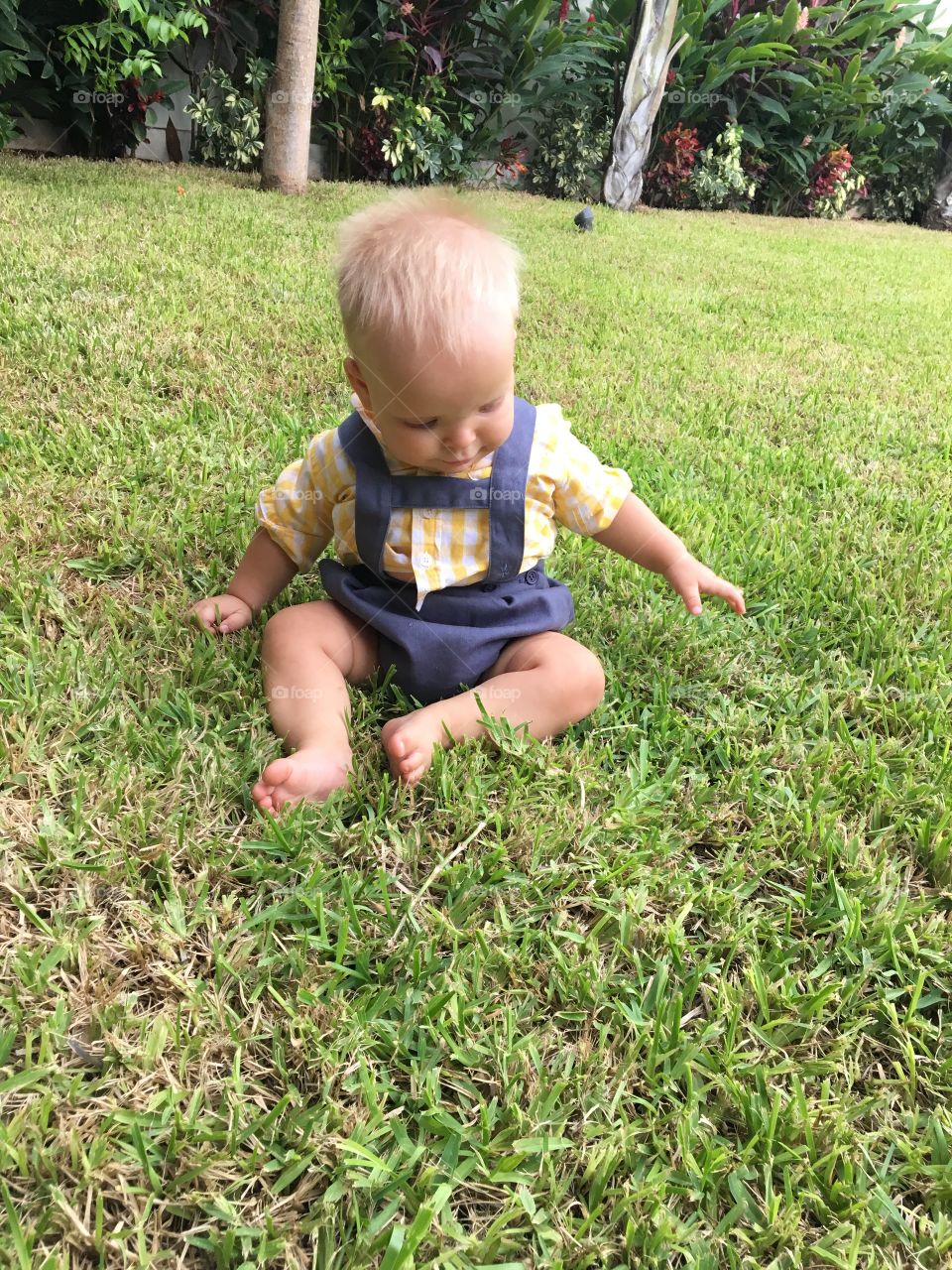 A cute little 6 month old boy playing on the grass 