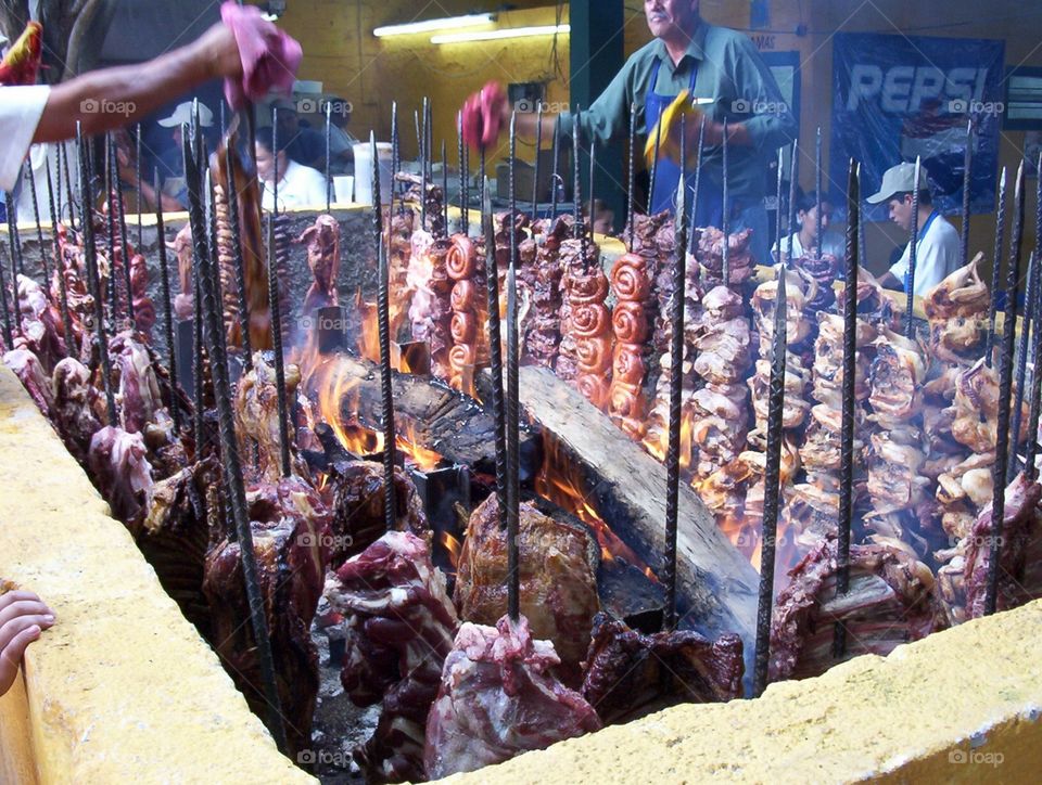 A selection of grilled meats at a BBQ stand at a Mexican rodeo in Guadalajara.