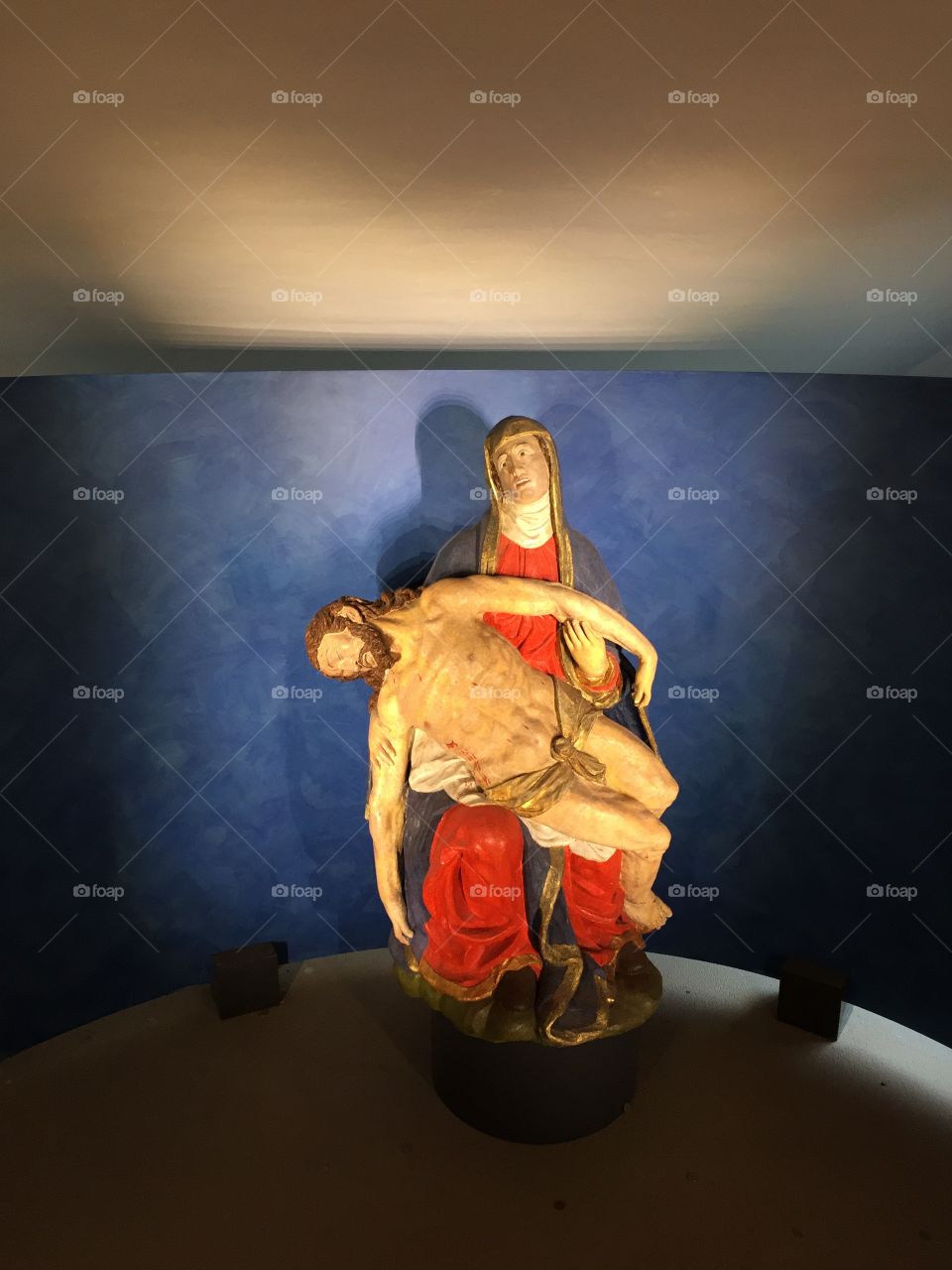 Saint Mary hold on her arm Jesus Christ. Madonna del Sasso, Orselina. Switzerland 