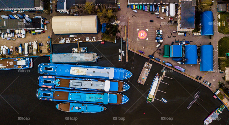 Cargo Barges parked in waterfront top view