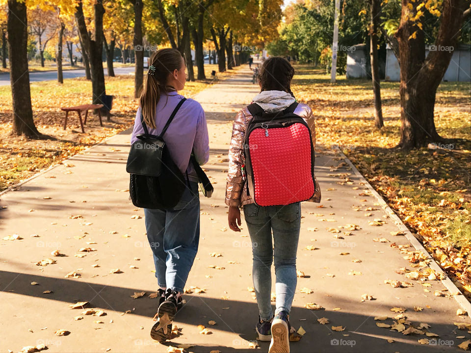 Two young students walking with a backpack to school by autumn alley 