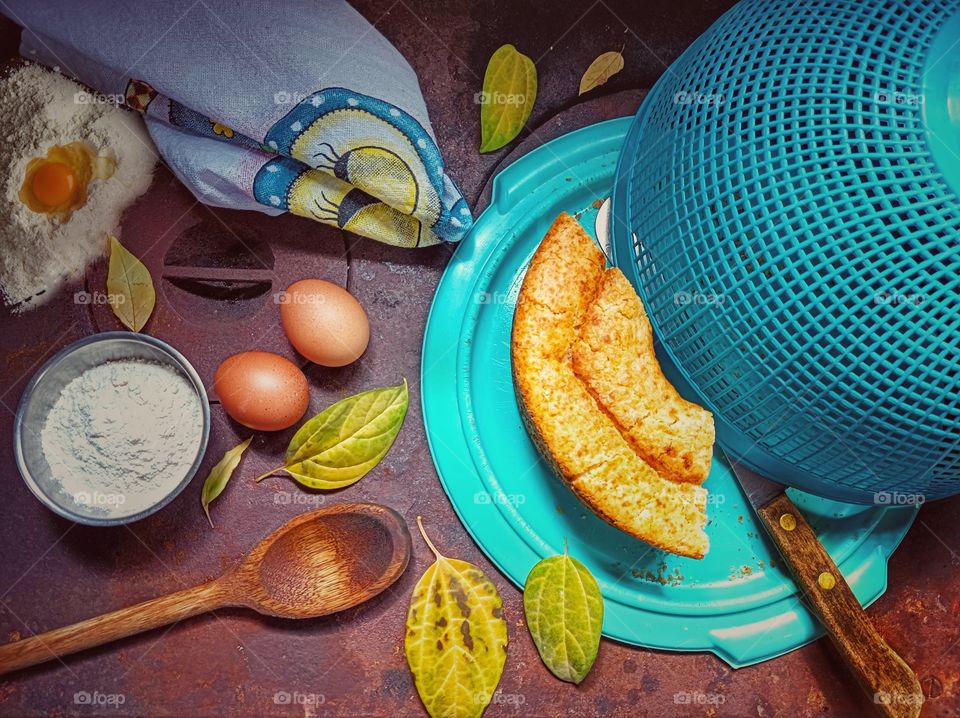 Ingredients and utensils for cake preparation