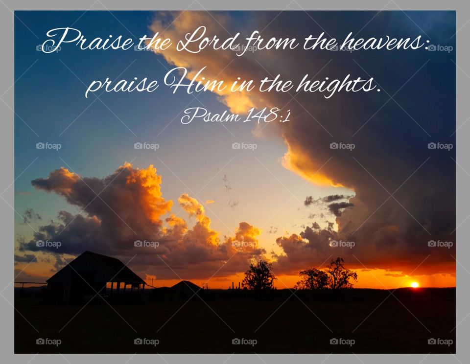 Beautiful Sunset with Farm buildings, trees and Scripture verse