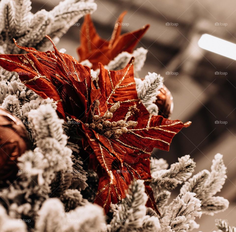 Red and golden Christmas tree decorations.