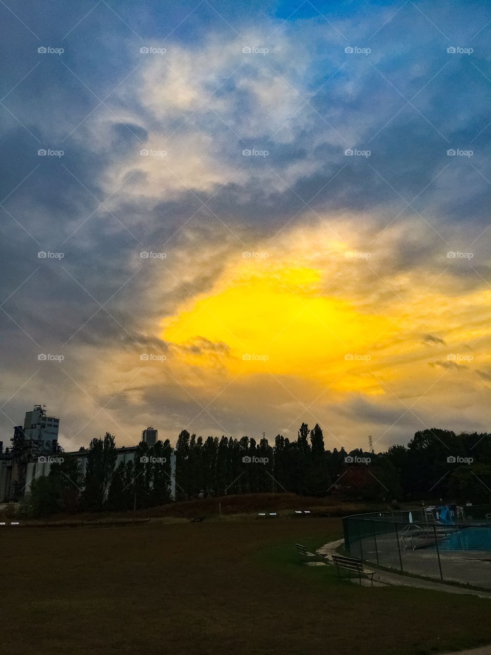 View of rainy day from Brighton Park in Vancouver, British Columbia 