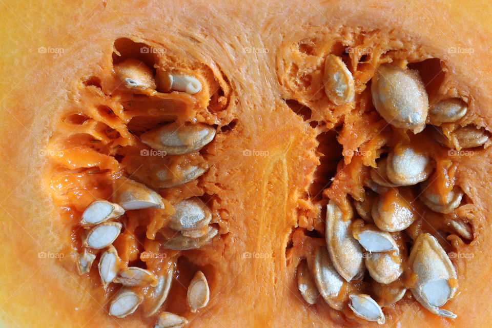 Inside of halved butternut pumpkin.