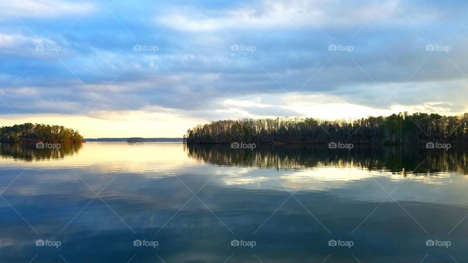 view on the lake during sundown.  reflections.