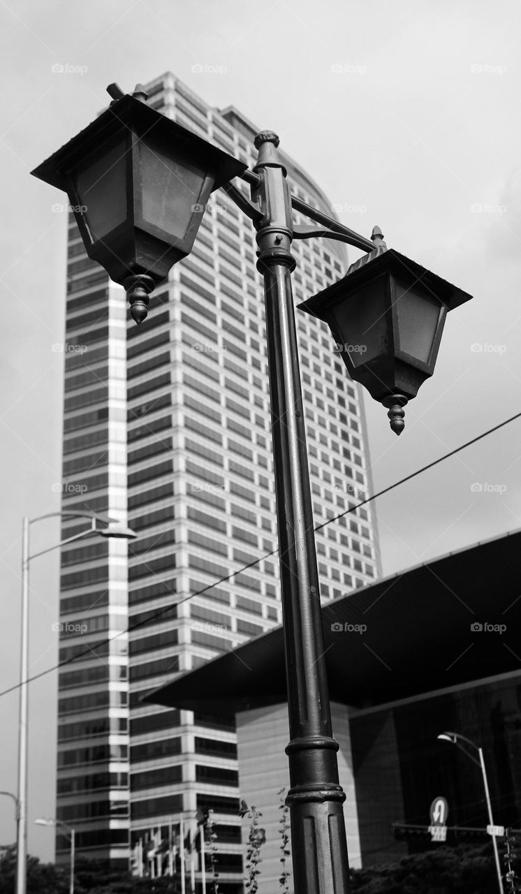 Lamppost stretching up in front of a very tall building.