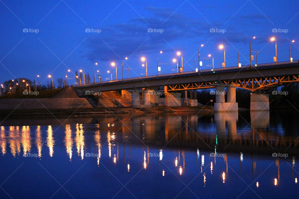 Belarus, Minsk, Gomel, river Sozh, embankment, park, bridge, pavement, river, lights, light, Night, Lamp street, lantern city, reflection, glare, white, Black and white, city