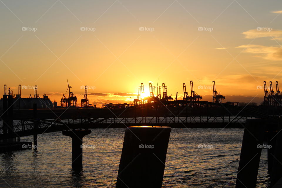 sunset in Hamburg harbor