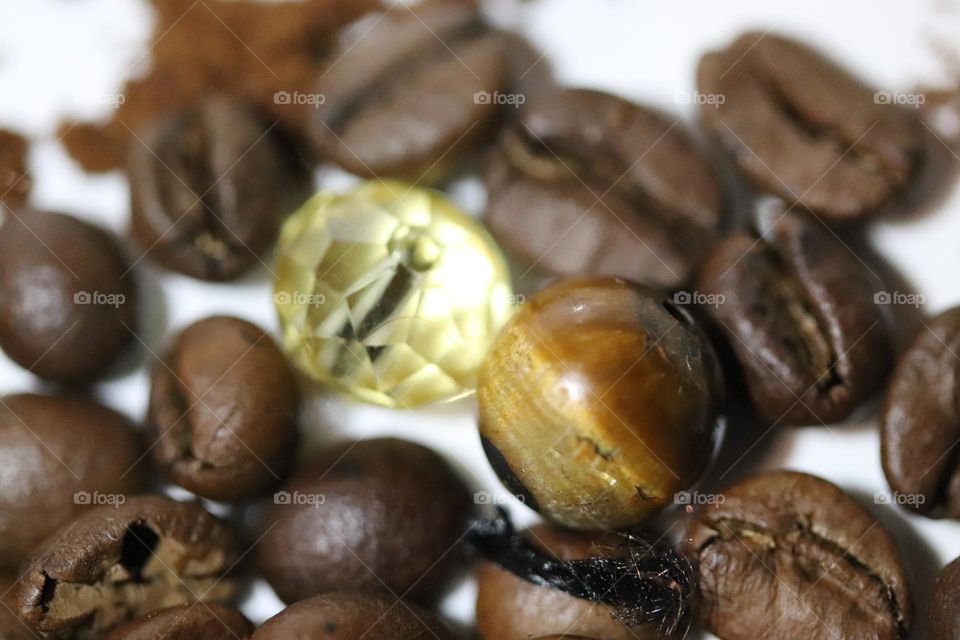 Semi-precious stones and coffee beans