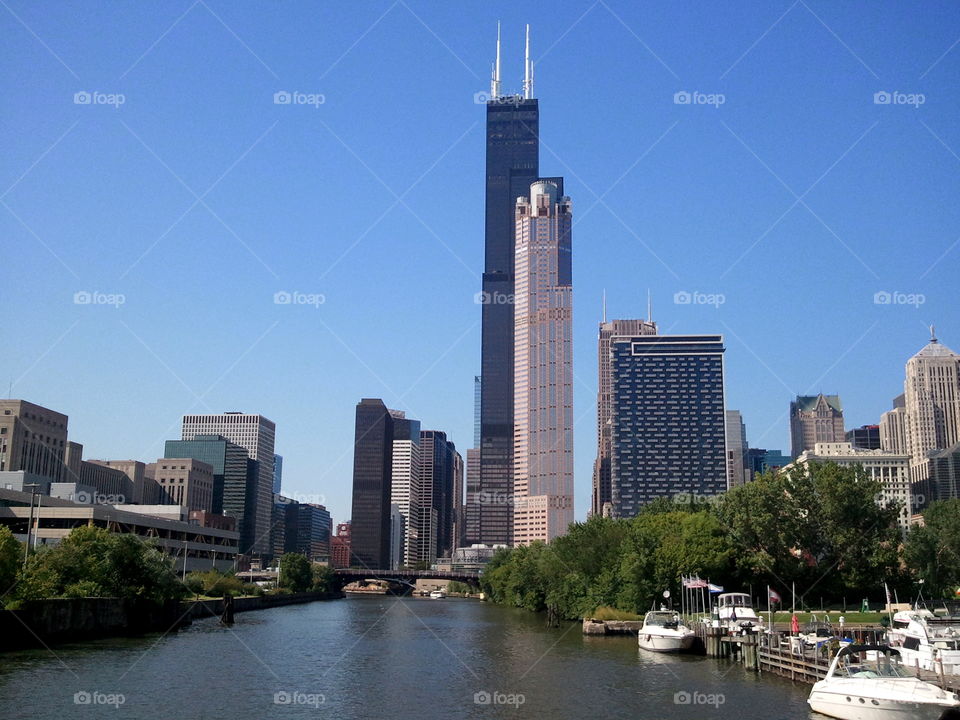 chicago river by boat. view of chicago from a boat