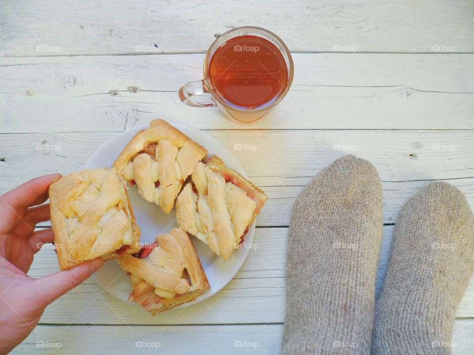 Homemade pie with cup of tea