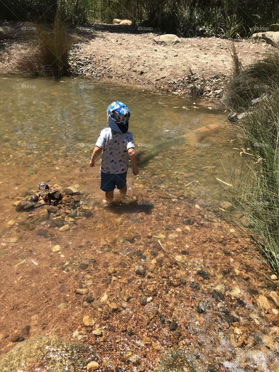 A young boy standing in a shallow creek with his back to the camera. 