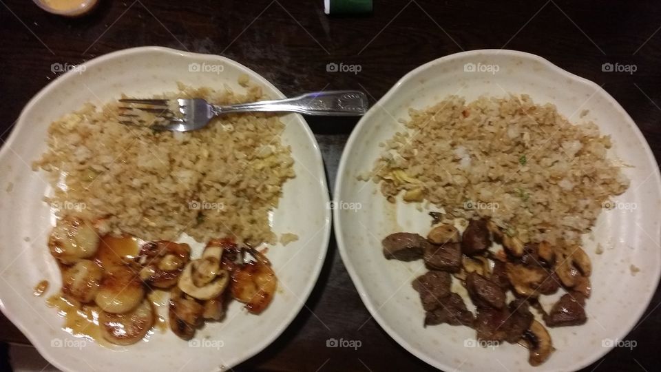 scallops and steak lunch with rice