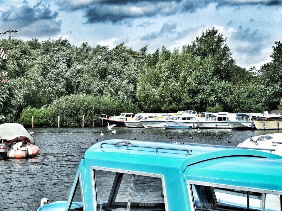 Boats on a river and swan swimming