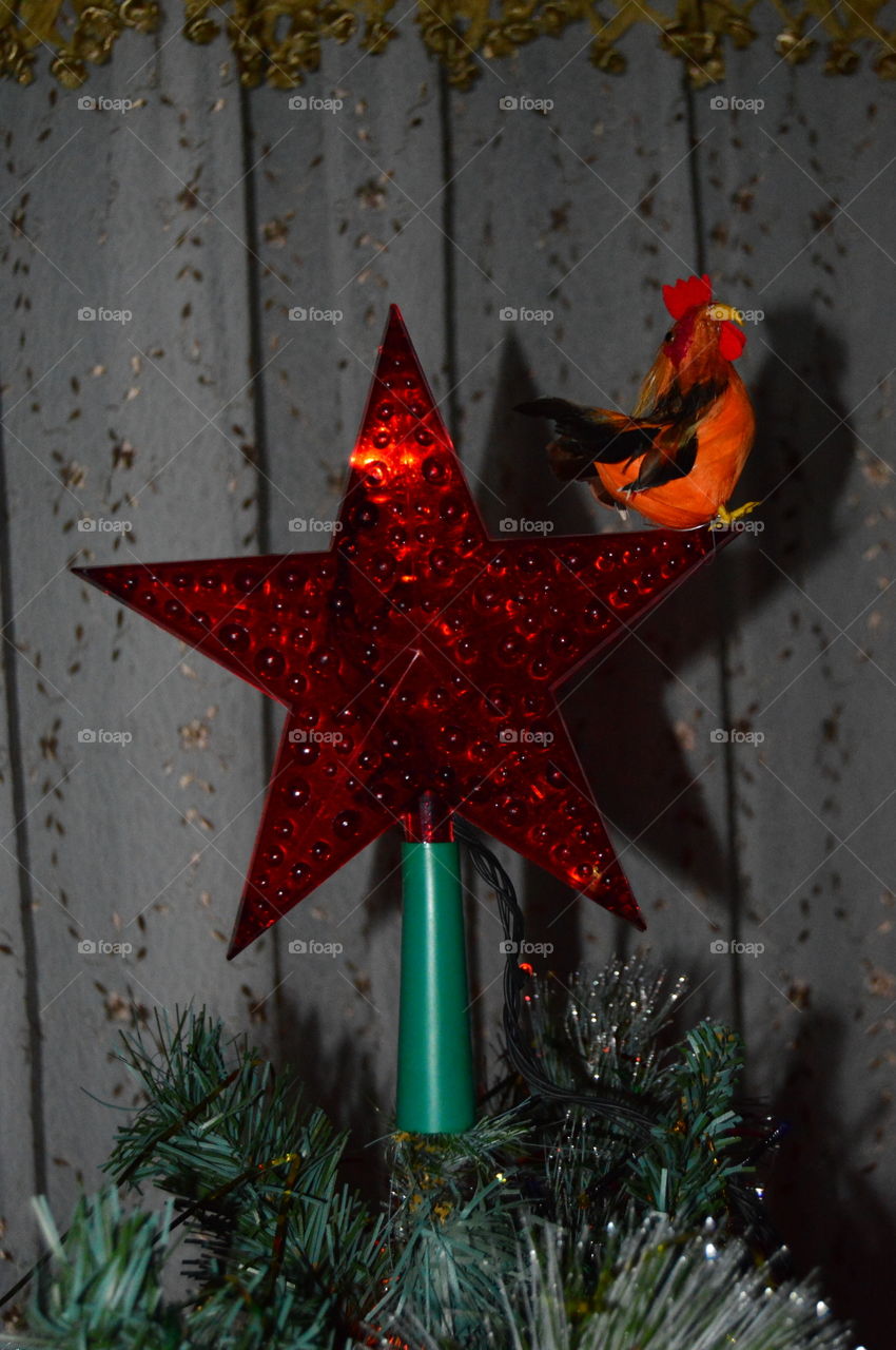 New Year, Christmas, toy, garland, tinsel, year of the rooster, the star on the Christmas tree