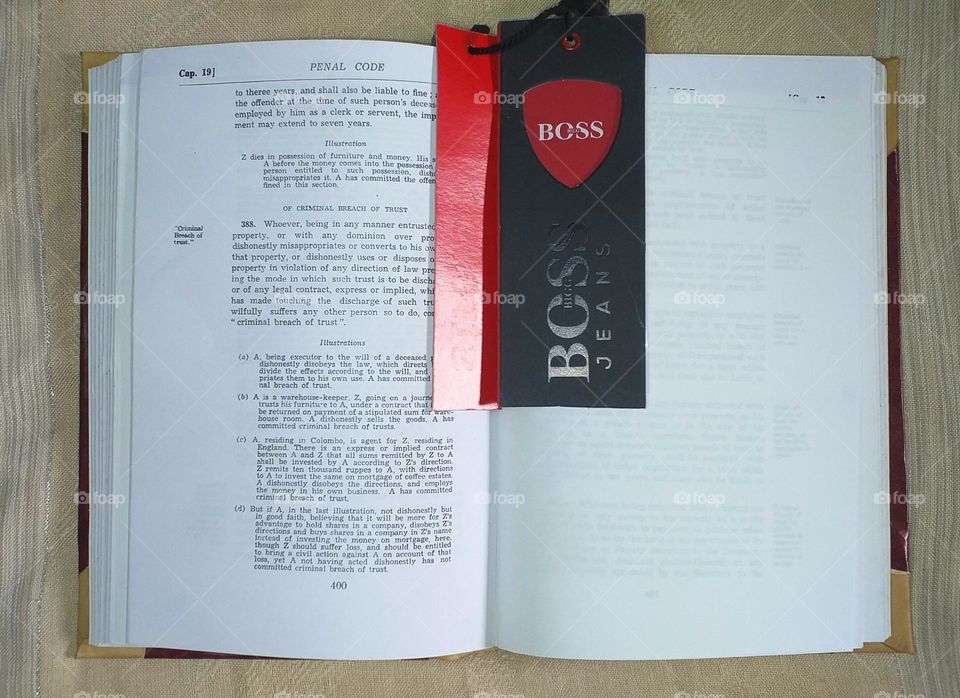 This photo shows how to reuse a paper clothing tag (dress tag) as a bookmark -BOSS brand clothing tag.