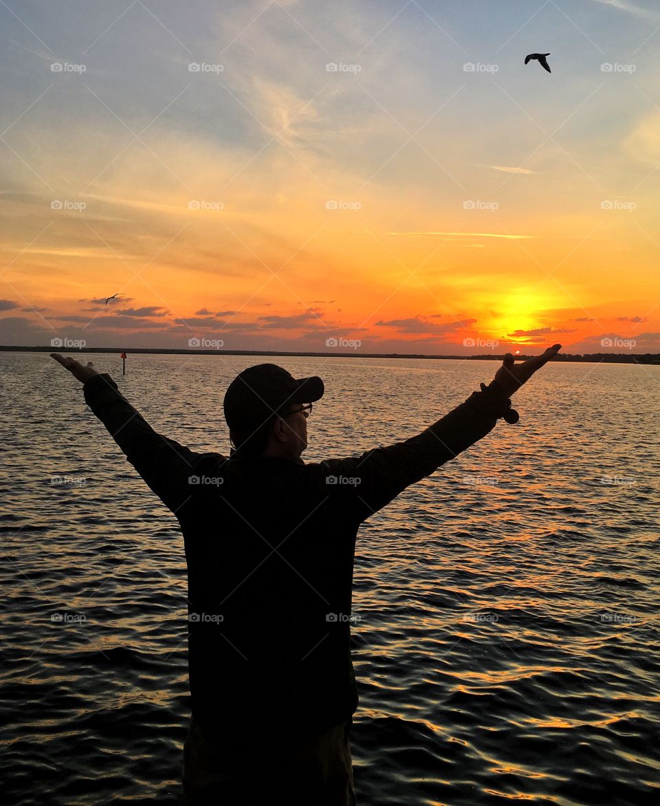 Sunset, Water, Dawn, Sun, Fisherman