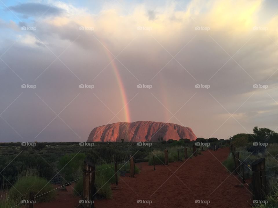 Double rainbow over Uluru (Ayers Rock), Northern Territory, Australia in November 2016. 