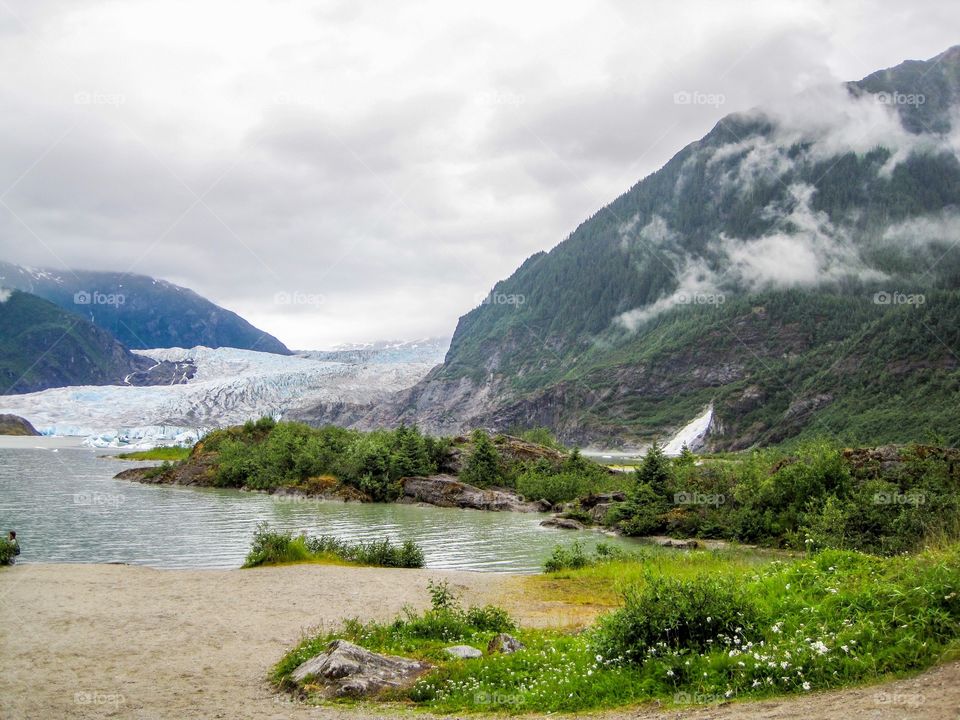 A landscape scene in Alaska with water and mountains and vegetation 
