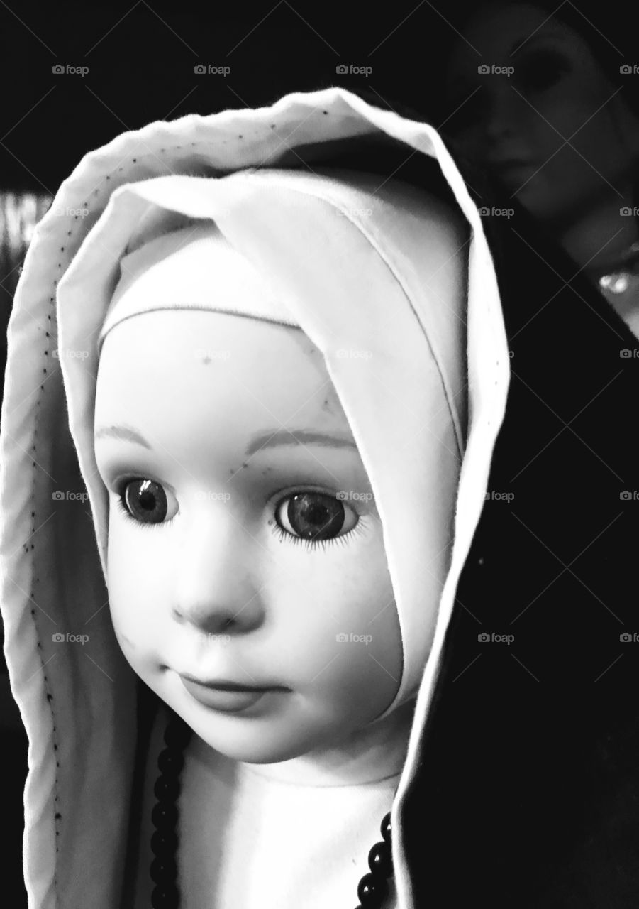 Nun Doll in B&W with Creepy Onlooker