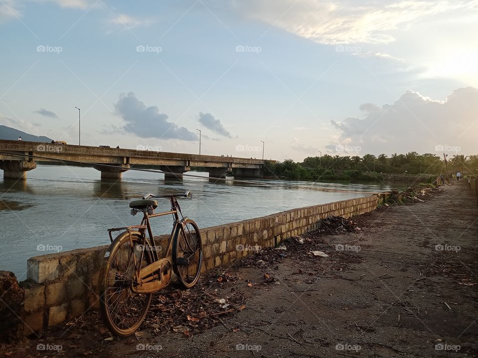 bicycle parking in the bridge sunset view