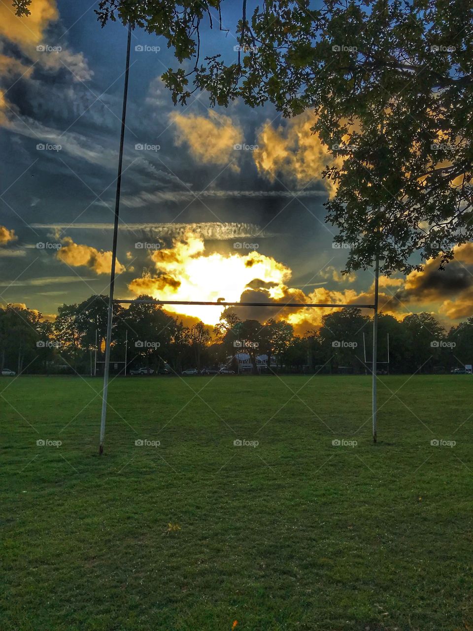 Sunset over the goal posts, drama on the rugby pitch