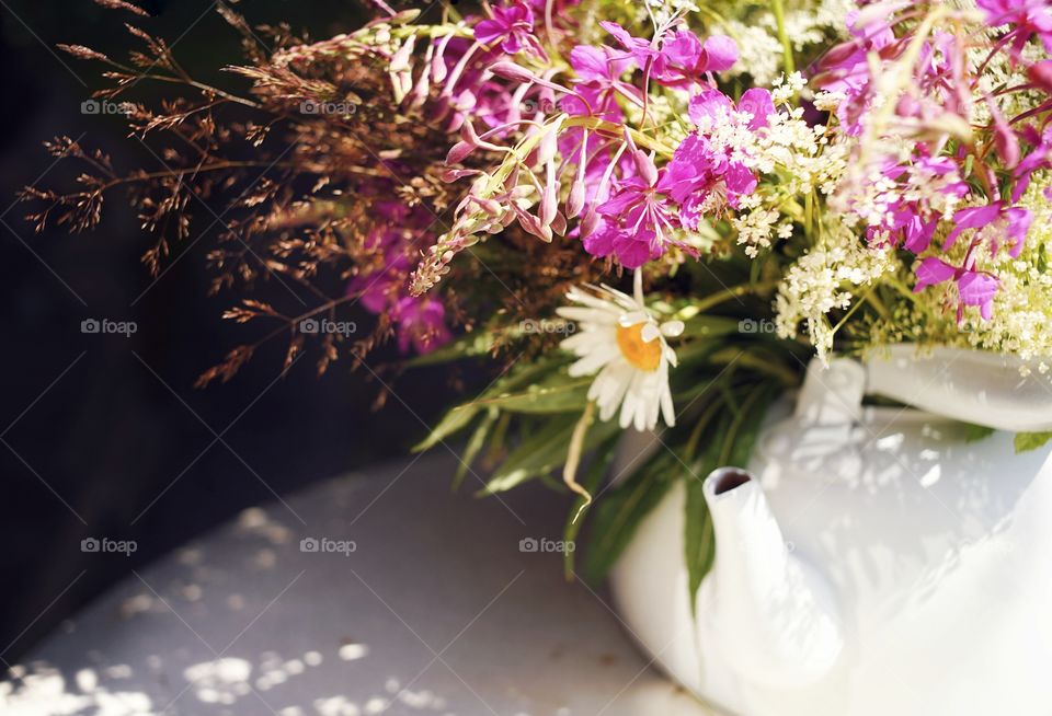 Bouquet flowers summer sunlight white background