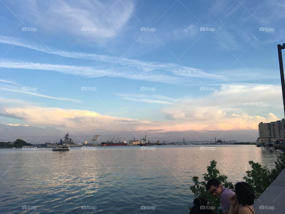 The sun setting over the Delaware river 