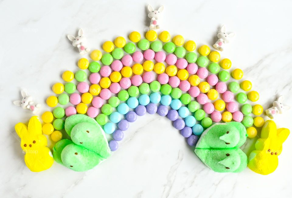 Easter tradition, Easter, basket, candies, pastel M&Ms, and peeps