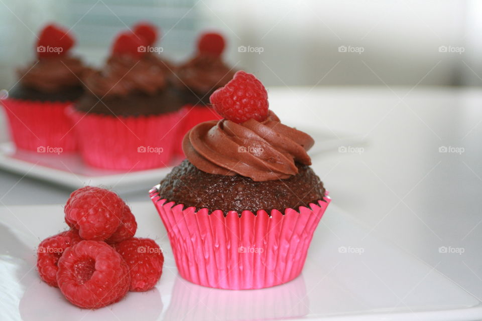 Close-up of chocolate raspberry cupcakes