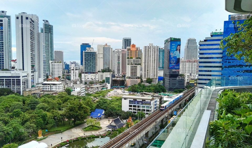 Bangkok, Thailand. Skyscrapers and Skytrain scene at center of Bangkok Thailand