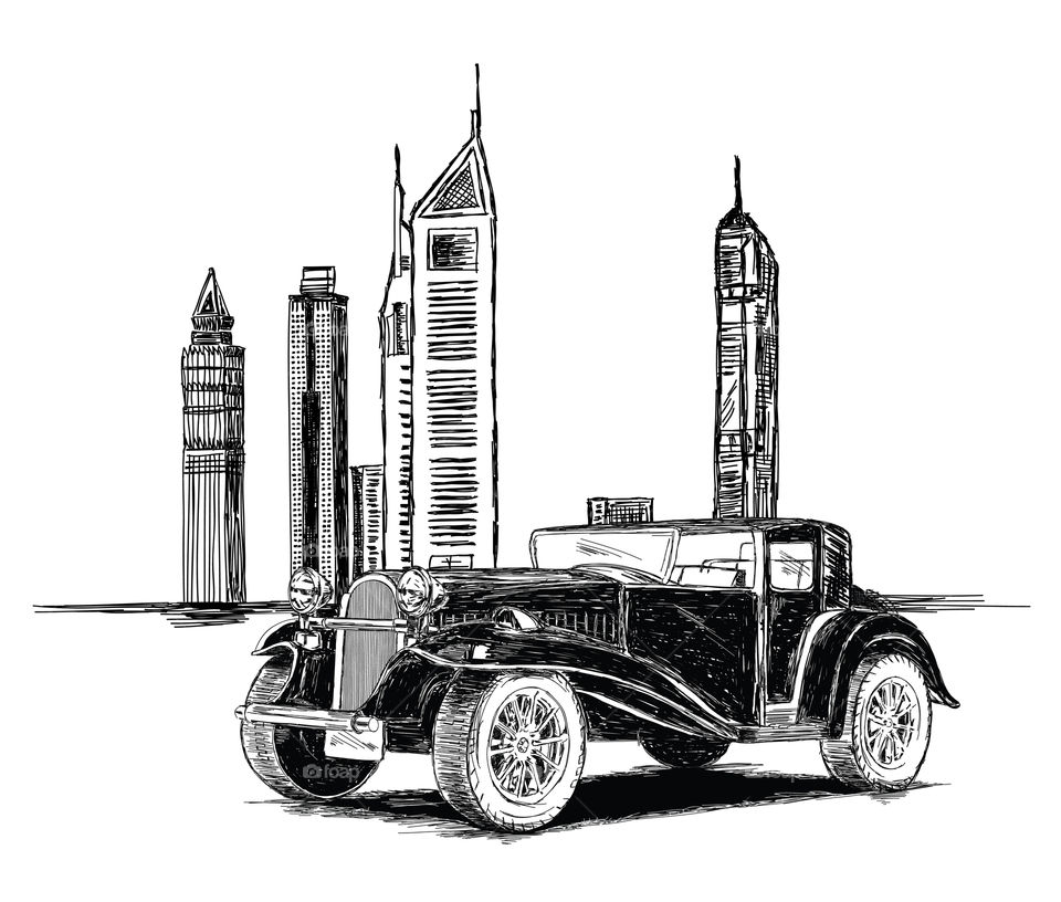 Dubai sky skyscrapers with a vintage car illustration