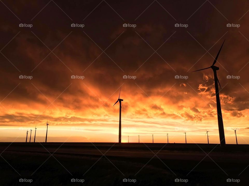 Orange Kansas Sunset with Windmills 