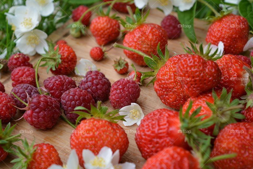 Close-up of strawberries and raspberries
