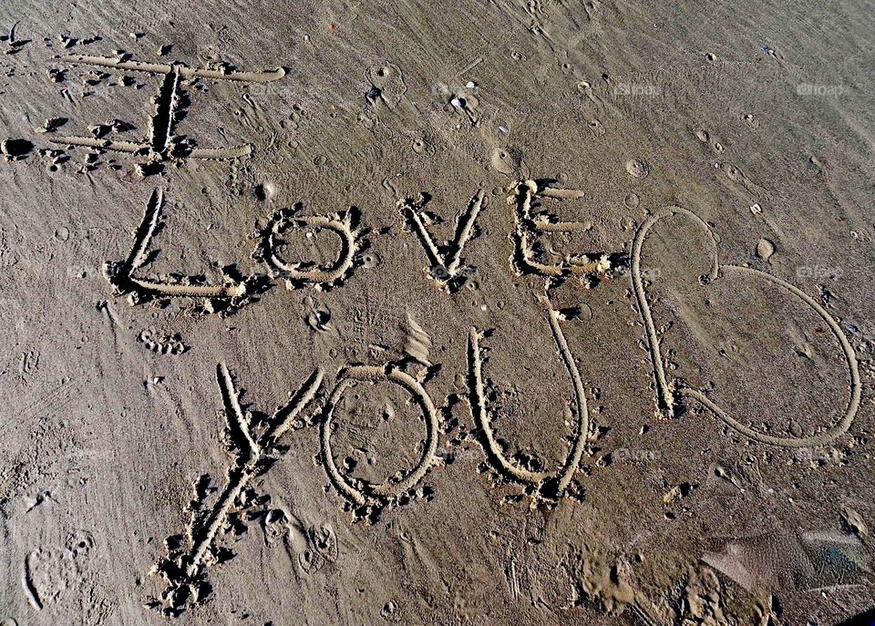 I love you written in the wet sand on a beach 