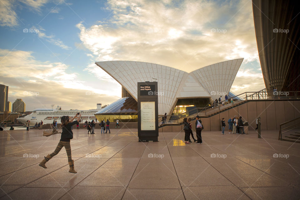 Sydney Opera House, Australia,tourist taking photo, Up Close with one of the world's greatest architecture, sunset