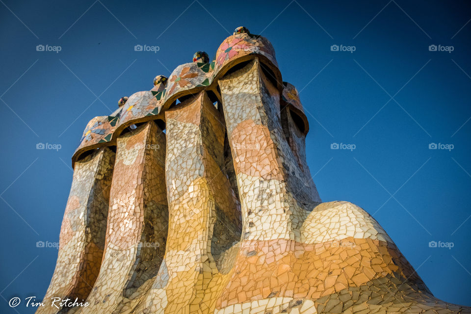 The chimney stack on the roof of Gaudi’s Casa Batllo is wonderful. Barcelona, Catalunya, Spain