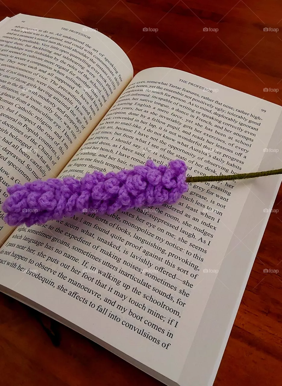 crochet laverder on the book